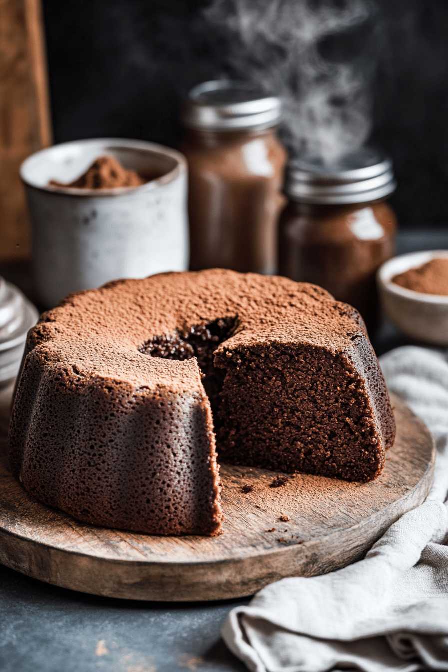 Moist keto cocoa coffee cake sliced on a wooden cutting board with crumb topping and cocoa powder in background