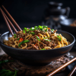 Mongolian Ground Beef Noodles Recipe (Easy, Flavor-Packed Weeknight Dinner) 7 Bowl of Mongolian ground beef noodles topped with green onions and chili flakes, served warm with glossy sauce and lo mein noodles