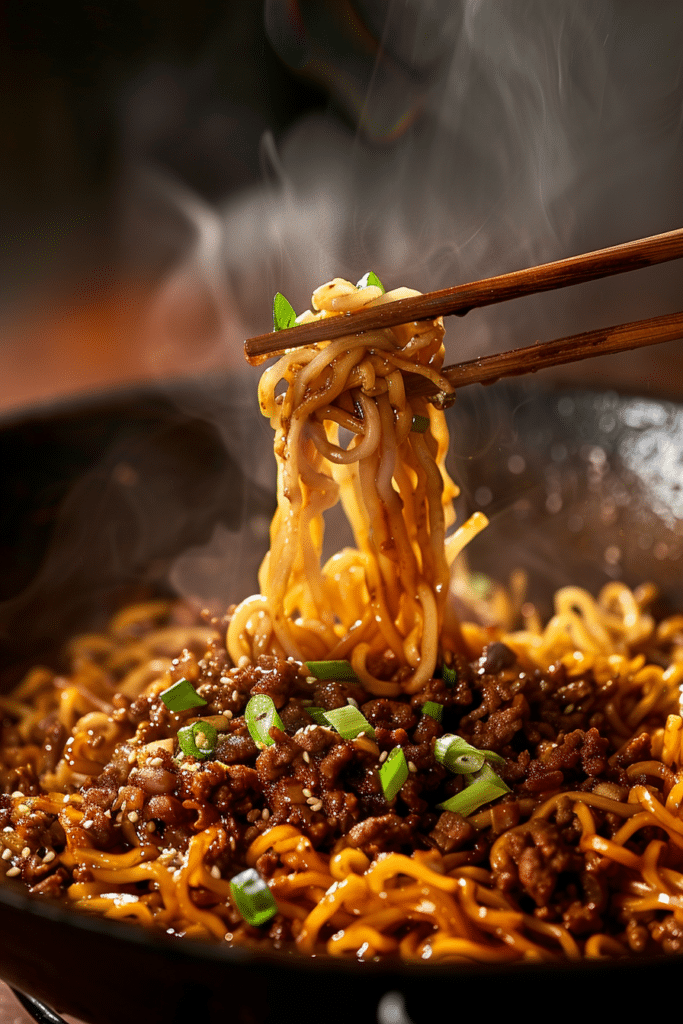 Chopsticks lifting saucy Mongolian ground beef noodles from a wok, garnished with green onions in a glossy savory sauce