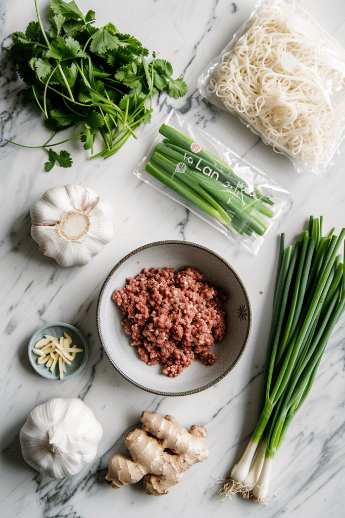 Mongolian Ground Beef Noodles Recipe (Easy, Flavor-Packed Weeknight Dinner) 8 Fresh ingredients for this Mongolian Ground Beef Noodles recipe, like green onions, rice noodles, ground beef, ginger, and garlic, laid out on a kitchen counter.