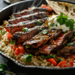 Steak & Queso Rice in a skillet with sliced steak, creamy white queso, and fresh cilantro, served with warm tortillas on the side
