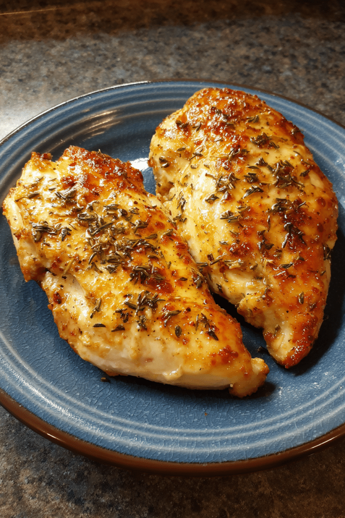 Creamy Crockpot Crack Chicken (Easy, Cheesy & Addictive Slow Cooker Dinner) 12 Two golden-brown, herb-seasoned chicken breasts served on a rustic blue plate, glistening with juices and fresh out of the oven, ready to be sliced or served as part of a meal.