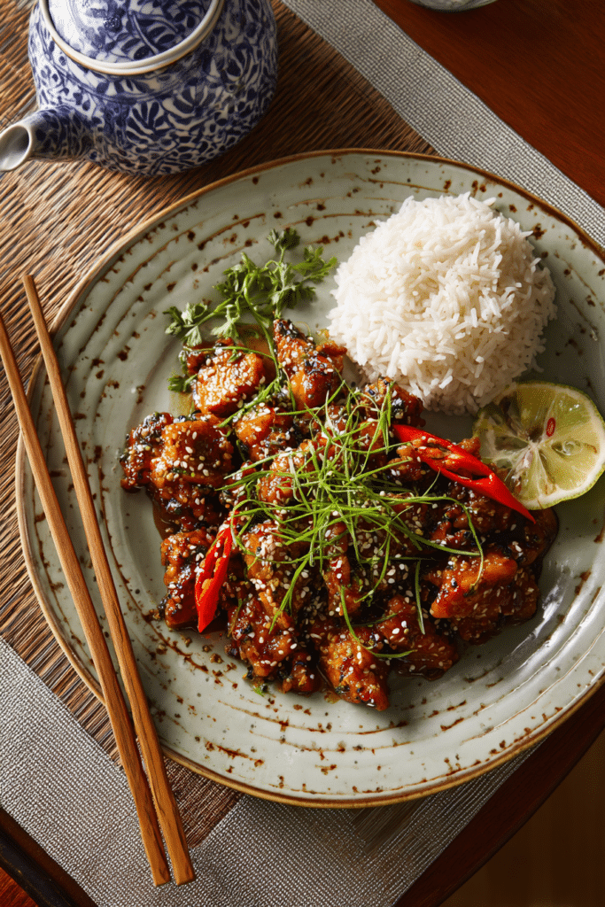 Black Pepper Chicken: The 1 Ultimate Stir‑Fry Recipe for Bold Flavor Lovers 9 Plate of Black Pepper Chicken served with jasmine rice, garnished with sesame seeds and herbs, styled for a home dinner setting.