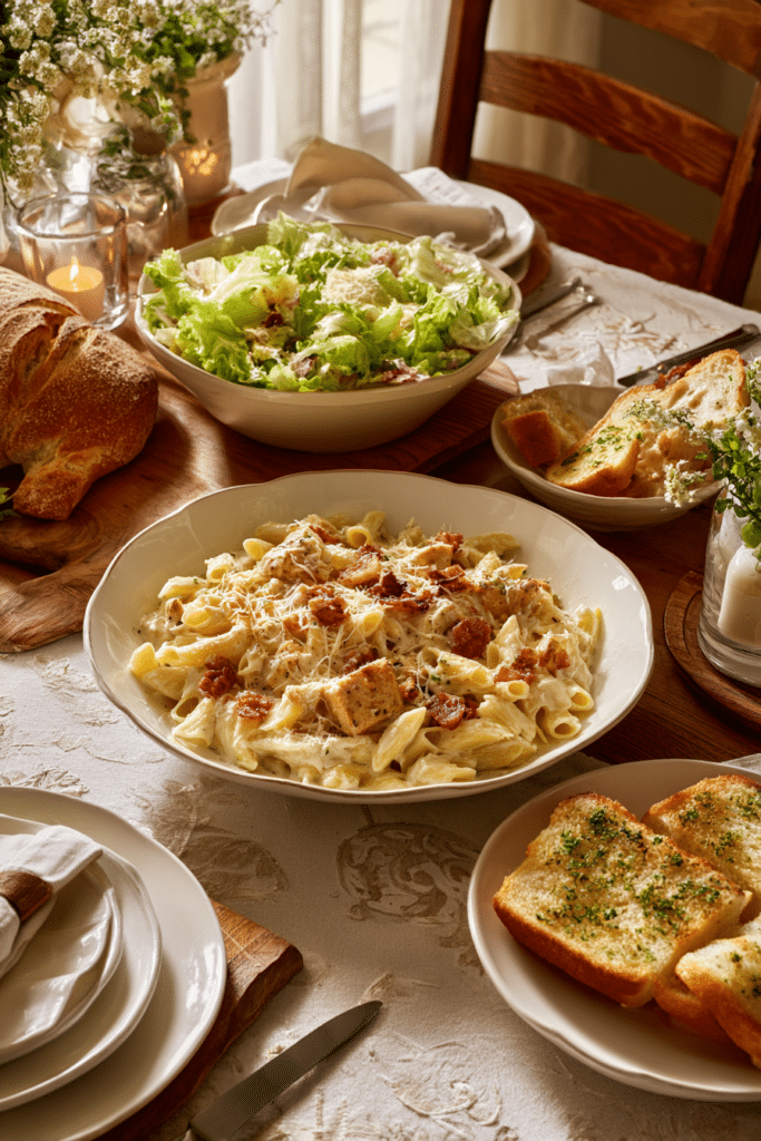 Chicken Bacon Ranch Pasta Recipe: 1 Easy One-Pot Family Favorite 9 plate of chicken bacon ranch pasta served with Caesar salad and garlic bread on a cozy dinner table
