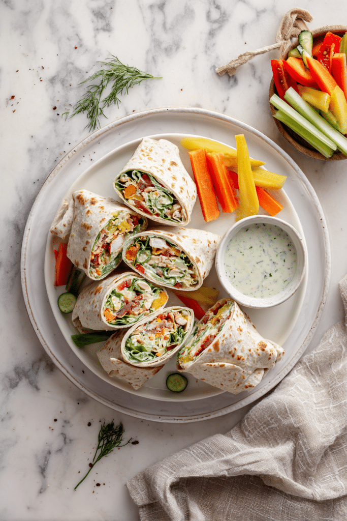 Crispy Chicken Bacon Ranch Wrap Recipe: 1 Seriously Delicious dinner You'll Crave Every Time 9 crispy chicken bacon ranch wraps served with fresh fruit and vegetables on a white plate