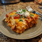 cheesy chicken enchilada casserole on a green plate, topped with sour cream, diced tomatoes, and chopped cilantro, with a fork on the side, set on a granite kitchen counter.