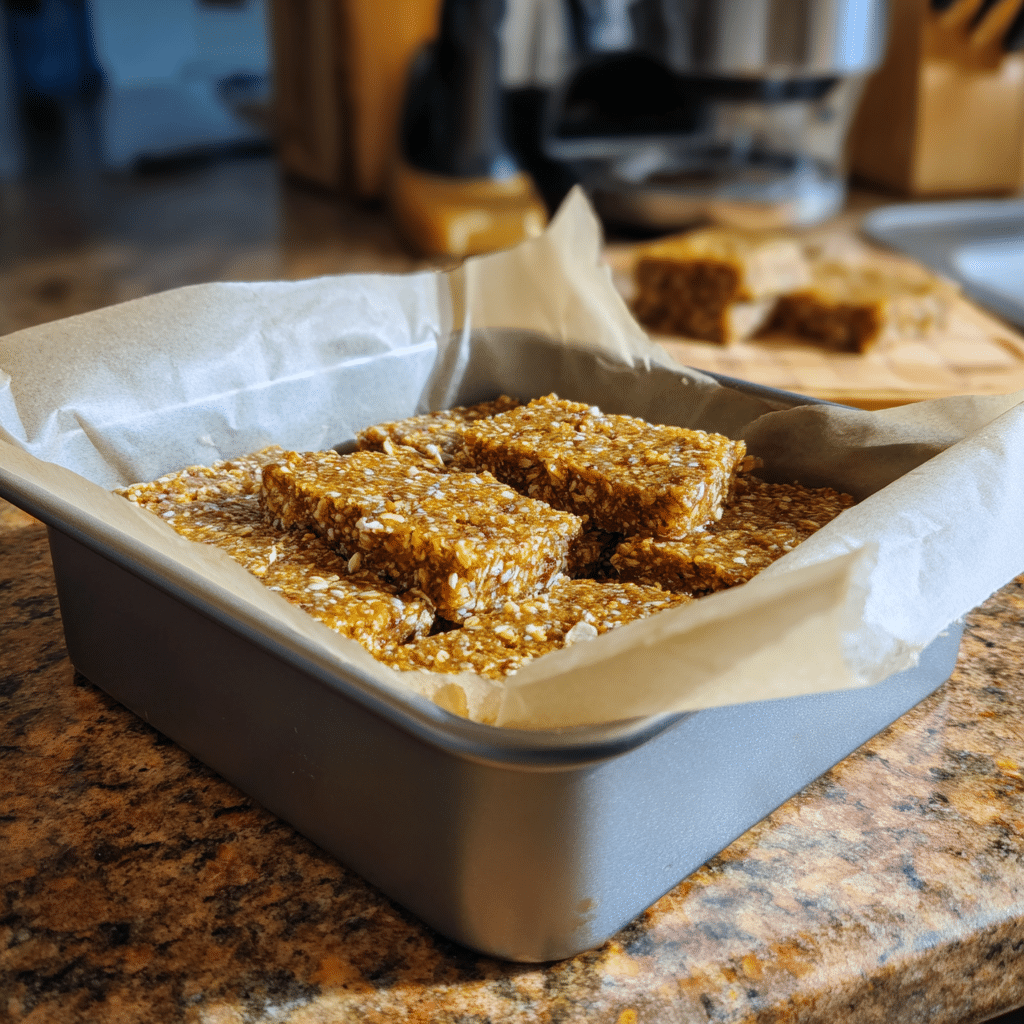 Pressing easy no bake protein bar mixture into parchment-lined square pan