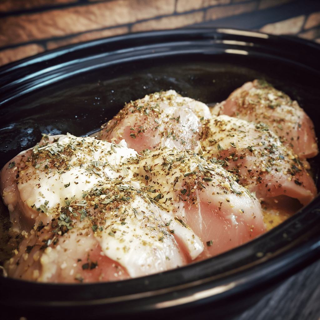 Creamy Crockpot Crack Chicken (Easy, Cheesy & Addictive Slow Cooker Dinner) 14 Raw chicken breasts in a slow cooker topped with ranch seasoning and cream cheese, ready to cook creamy Crockpot crack chicken