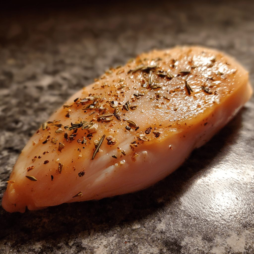 A raw boneless, skinless chicken breast seasoned with black pepper, rosemary, and spices, resting on a dark granite kitchen counter under warm lighting.