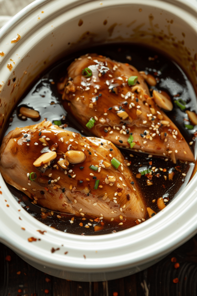 Uncooked chicken breasts in a white crockpot, marinating in a dark teriyaki sauce with minced garlic and ginger.