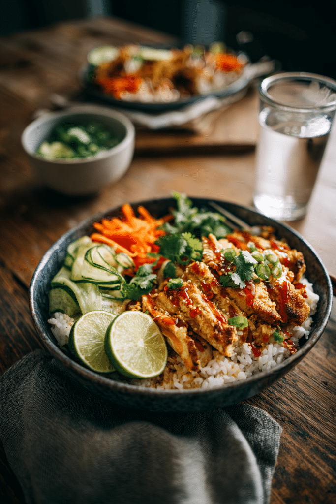 Irresistible Bang Bang Chicken Bowl – 1 Sweet & Spicy Meal Prep Favorite 8 Fully assembled bang bang chicken bowl with spicy sauce, veggies, and rice ready to serve.