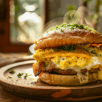 homemade sausage egg and cheese sandwich with melted American cheese, fluffy scrambled eggs, and a crispy sausage patty on a toasted Kaiser roll, served warm for breakfast.