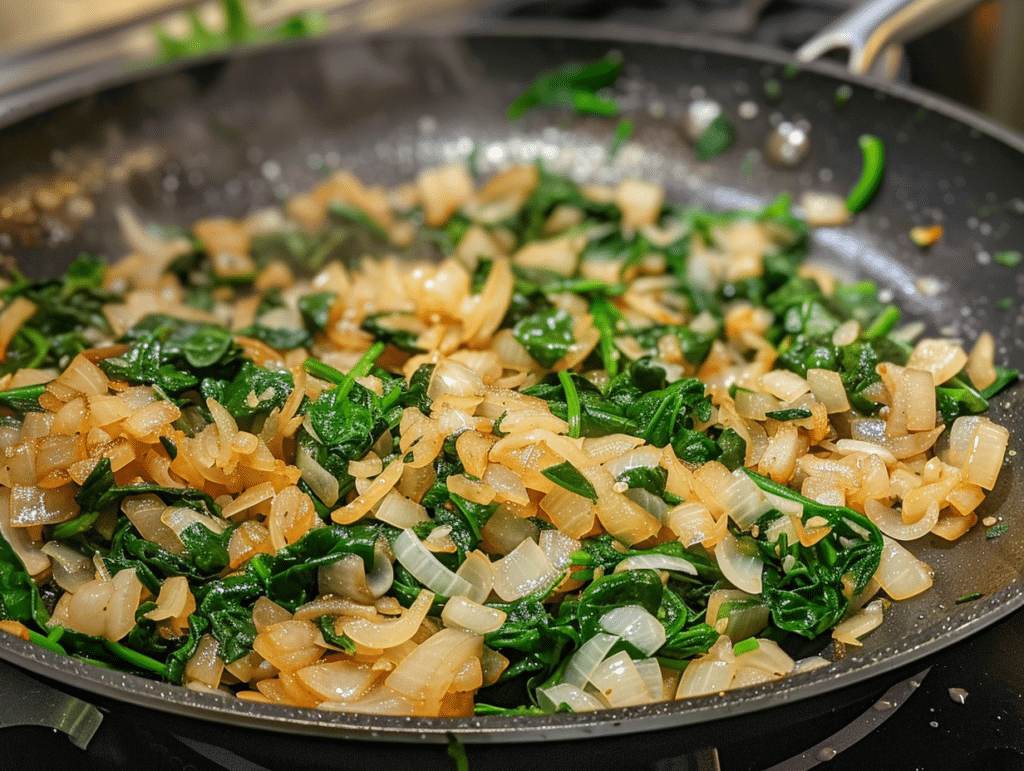 Spinach and Feta Quesadillas (Crispy, Savory & Greek-Inspired!) 8 Sautéed onions and fresh spinach in a nonstick skillet, glistening with olive oil, prepared as the filling base for spinach and feta quesadillas