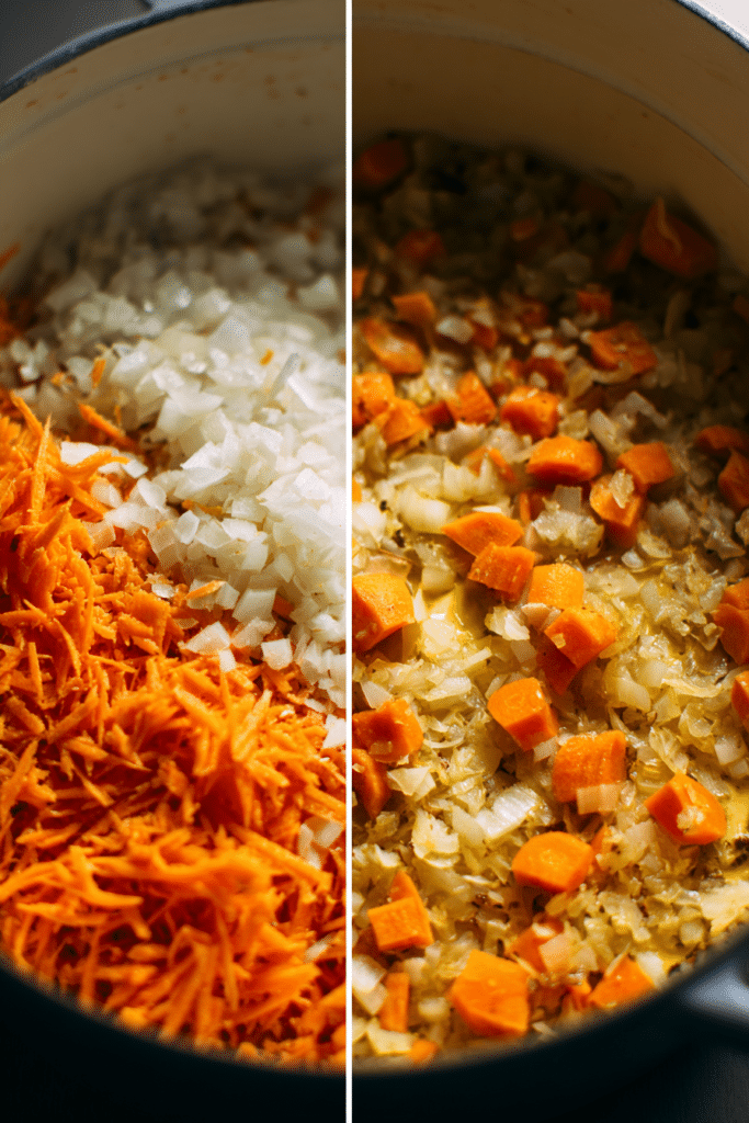 Sauteing Carrots and Onions for Creamy Chicken and Rice