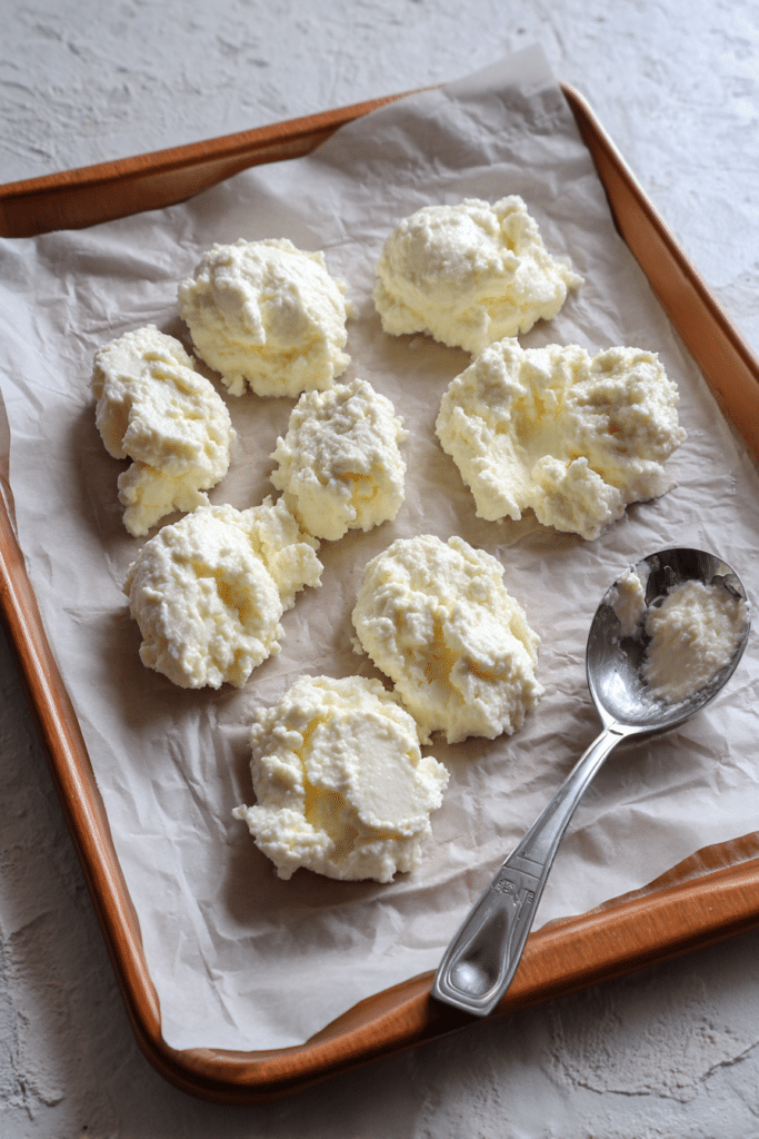 Scooped Cottage Cheese on Baking Sheet – Prep Step for Keto Chips