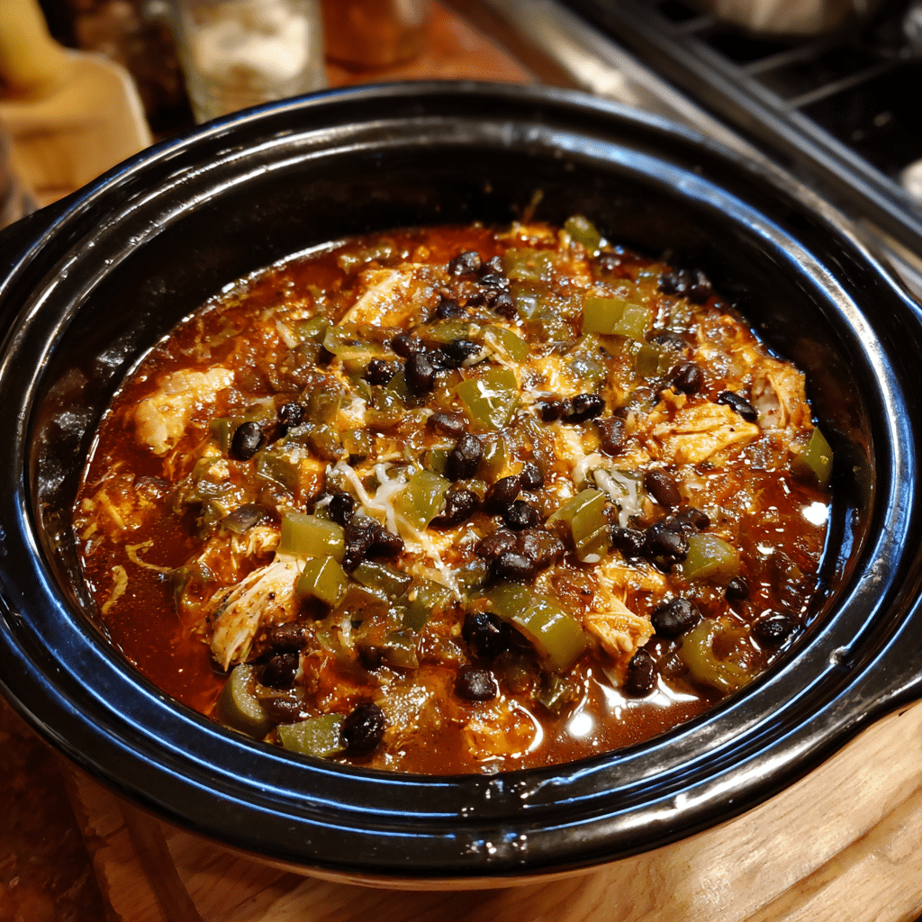A black slow cooker filled with chicken enchilada casserole, topped with black beans, diced green bell peppers, melted cheese, and rich red enchilada sauce, photographed on a wooden kitchen counter.