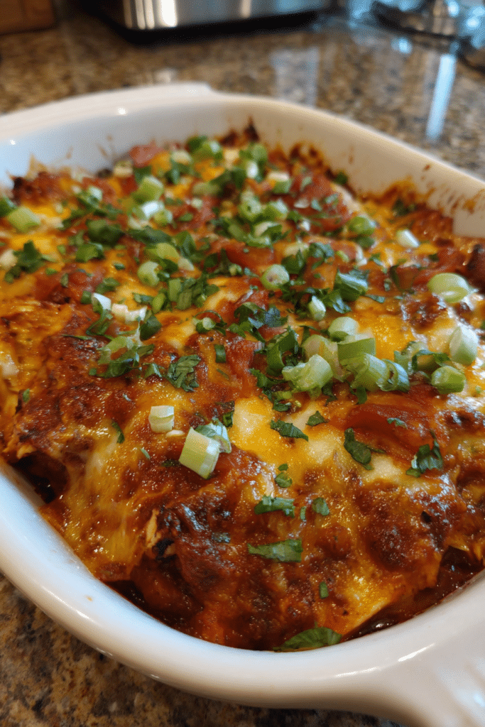 slow cooker chicken enchilada casserole in a black crockpot, topped with melted cheese and beans, showing tender shredded chicken in a rich enchilada sauce.