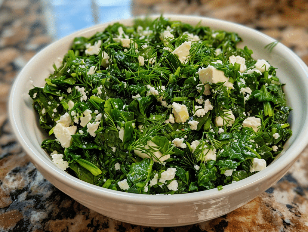 Spinach and Feta Quesadillas (Crispy, Savory & Greek-Inspired!) 9 Chopped fresh spinach mixed with crumbled feta, dill, and parsley in a white bowl, prepared as the herby filling for spinach and feta quesadillas