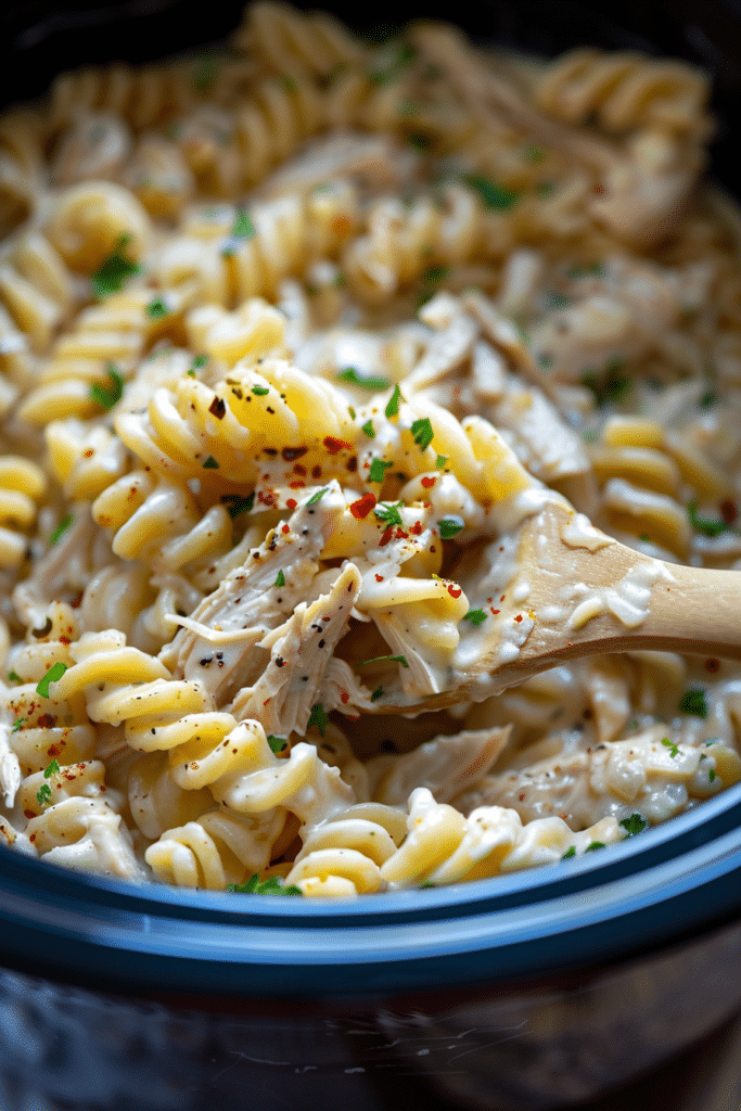 Wooden spoon lifting 4 ingredient crockpot garlic parm chicken pasta with rotini and shredded chicken from a black slow cooker, topped with herbs and red pepper flakes
