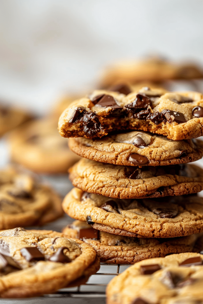 stack of thick chocolate chip cookies on a wire rack, with the top cookie broken to reveal gooey melted chocolate inside