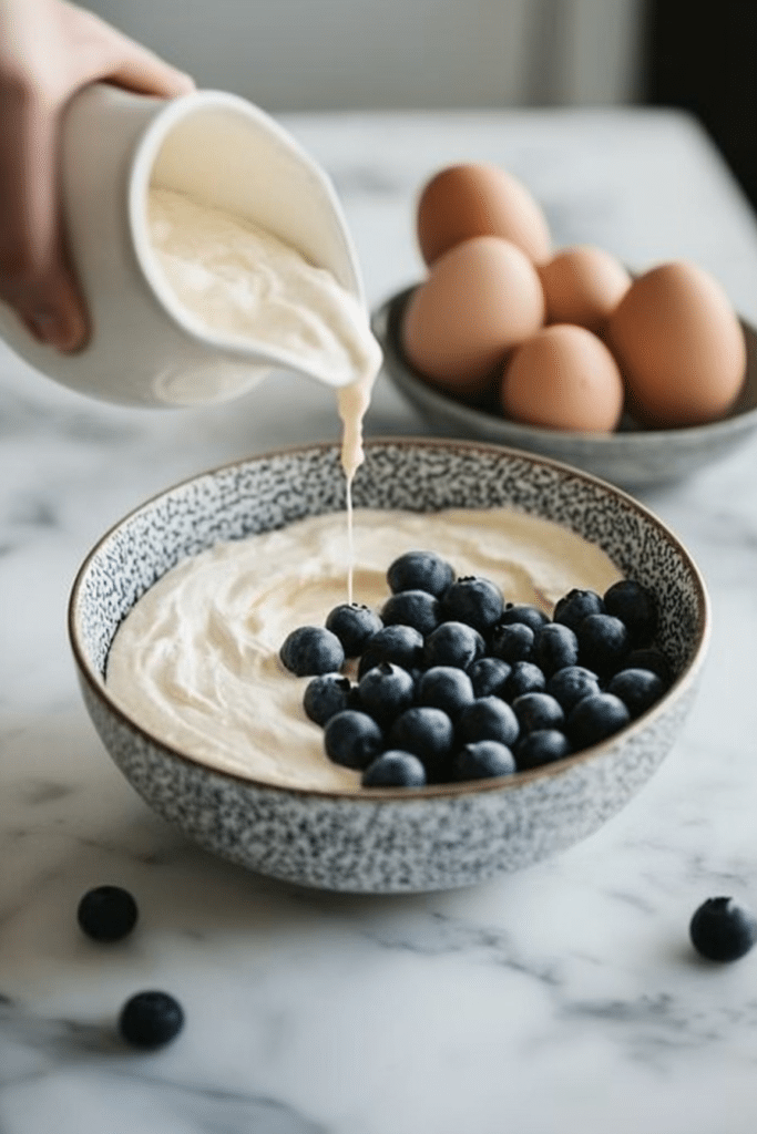 Blueberry Clafoutis Recipe – The Best 1 Light Keto Dessert You’ll Ever Try 5 Pouring keto-friendly clafoutis batter over fresh blueberries in a ceramic baking dish