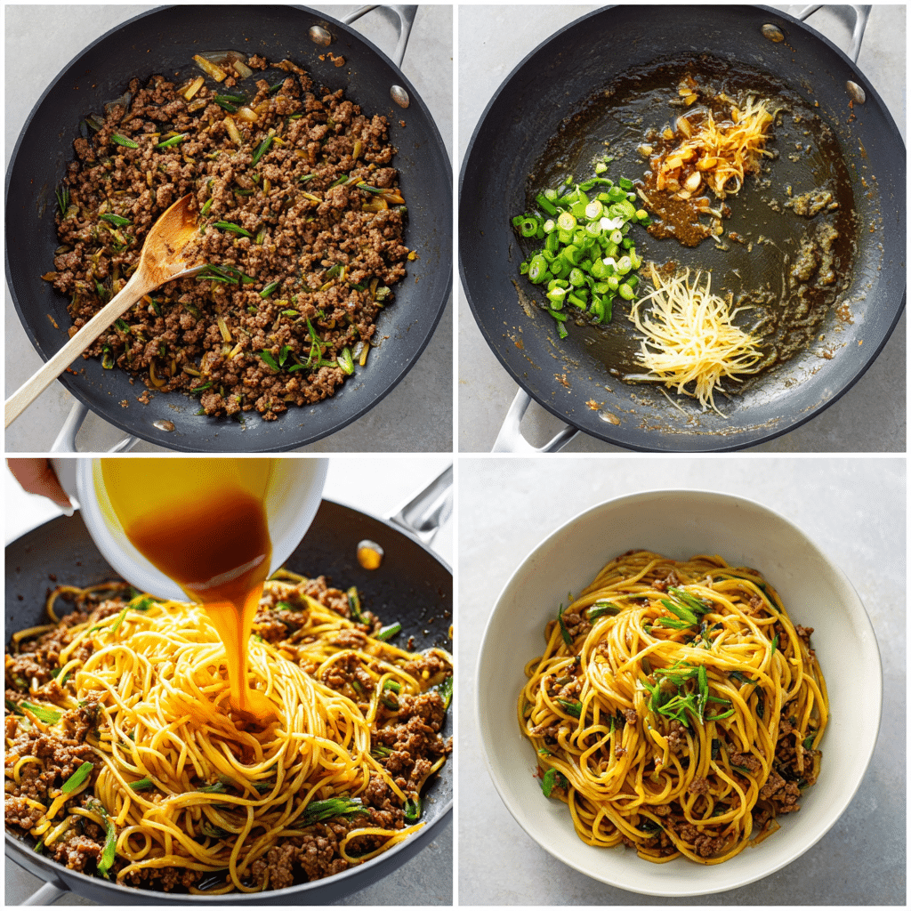 Mongolian Ground Beef Noodles Recipe (Easy, Flavor-Packed Weeknight Dinner) 9 Step-by-step process of making Mongolian ground beef noodles: browning beef, sautéing aromatics, adding sauce, mixing noodles, and serving the final dish