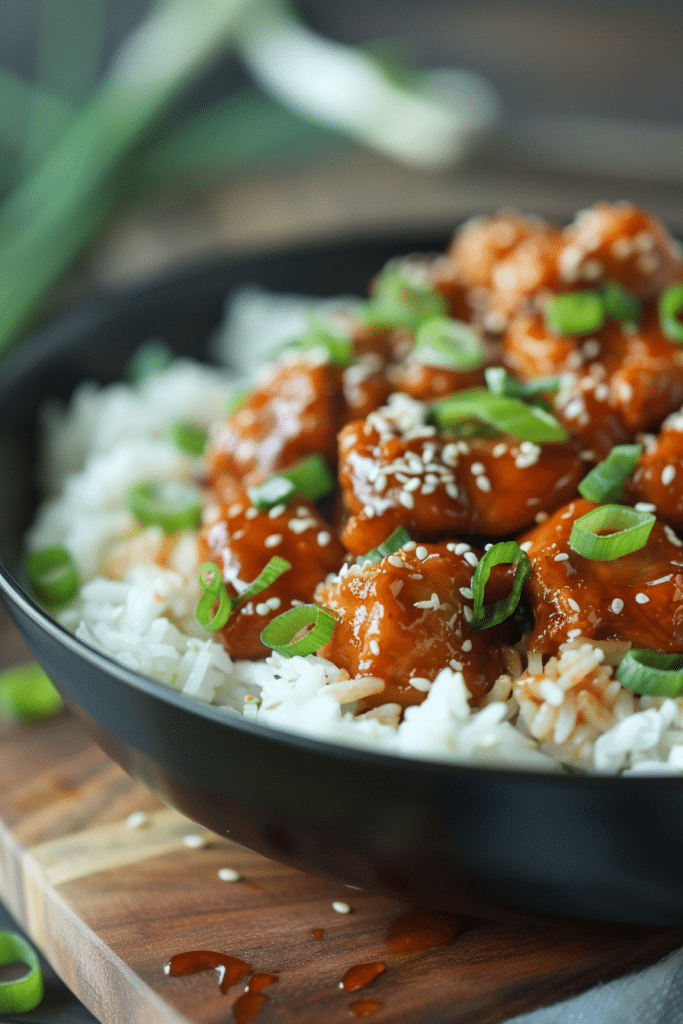 honey BBQ chicken pieces glazed in sauce, served over white rice in a black bowl, topped with green onions on a wooden table