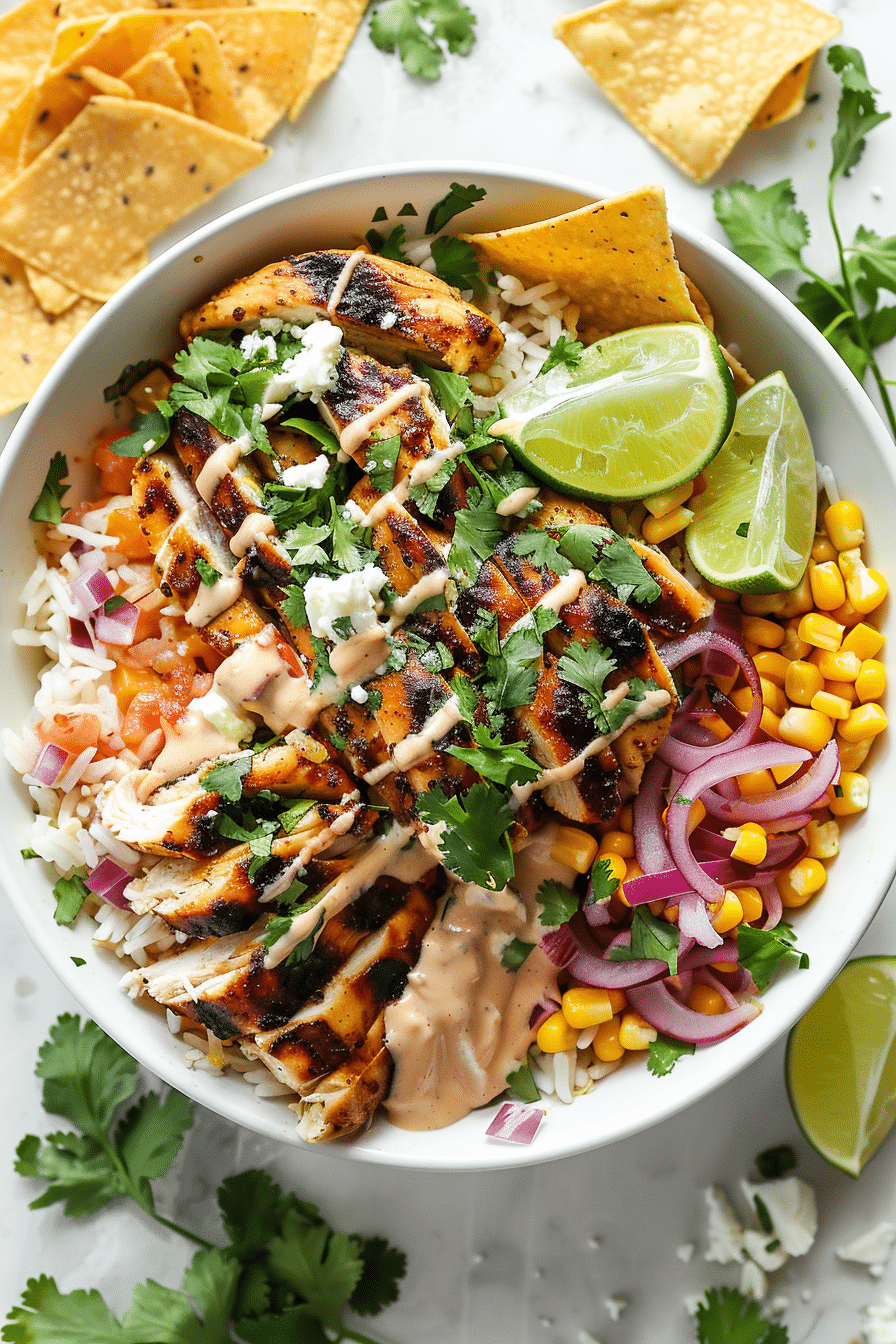 Street corn chicken rice bowl with grilled chicken, corn, avocado, cotija cheese, and creamy chipotle drizzle