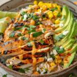 1 Street Corn Chicken Rice Bowl (Insanely Flavor-Packed and Easy!) 5 Street corn chicken rice bowl with grilled chicken, corn, avocado, cotija cheese, and creamy chipotle drizzle