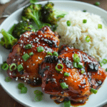 Sweet Chili Chicken Recipe: 1 Crispy, Sticky, and Better Than Takeout 5 sweet chili glazed chicken served with jasmine rice and broccoli on a white plate, garnished with sesame seeds and green onions