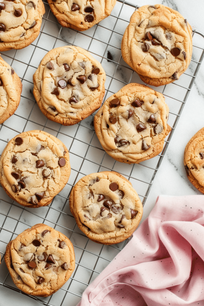 Thick and Chewy Chocolate Chip Cookies Cooling on Rack