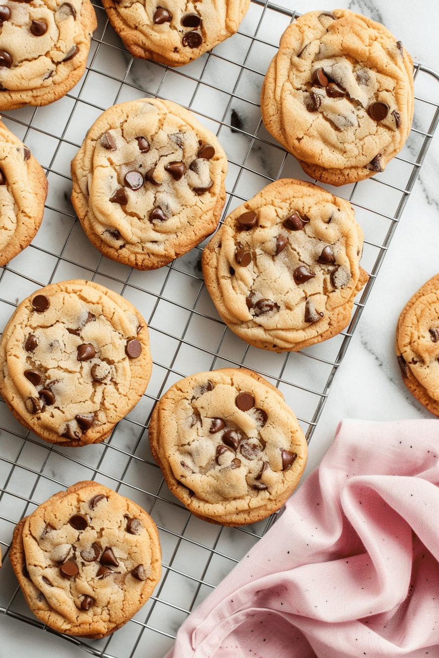 Thick and Chewy Chocolate Chip Cookies Cooling on Rack