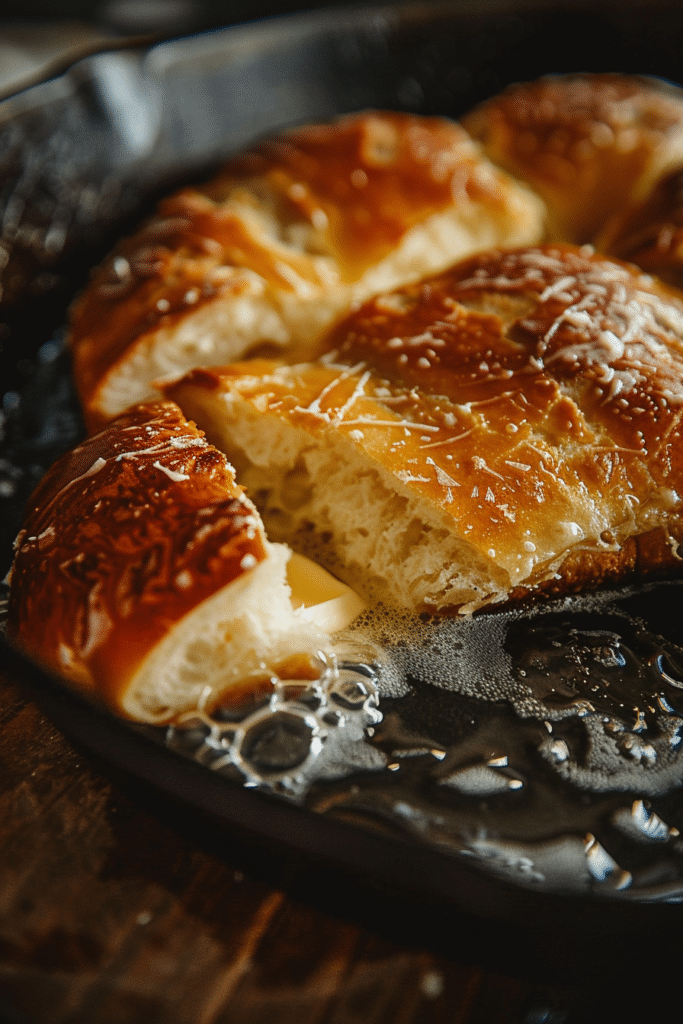 Toasted Kaiser roll halves browning in a skillet with butter, showing the first step of making a sausage egg and cheese sandwich.