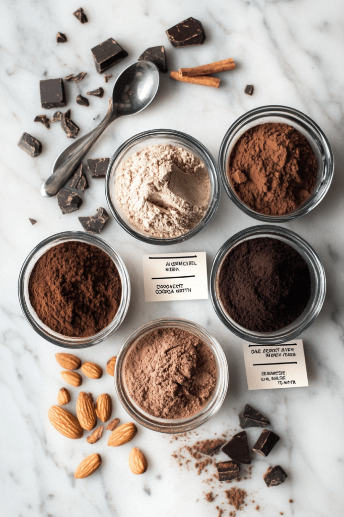 Cocoa Coffee Cake – The 1 Best Moist & Easy Recipe to Bake Today 5 Moist keto cocoa coffee cake sliced on a wooden cutting board with crumb topping and cocoa powder in background