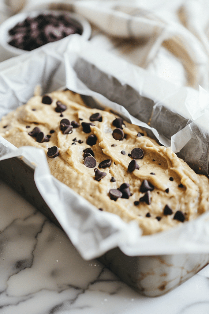 Chocolate Chip Banana Bread (Super Moist and Loaded with Chocolate Chips) 9 Banana bread batter topped with chocolate chips in a parchment-lined loaf pan on marble surface