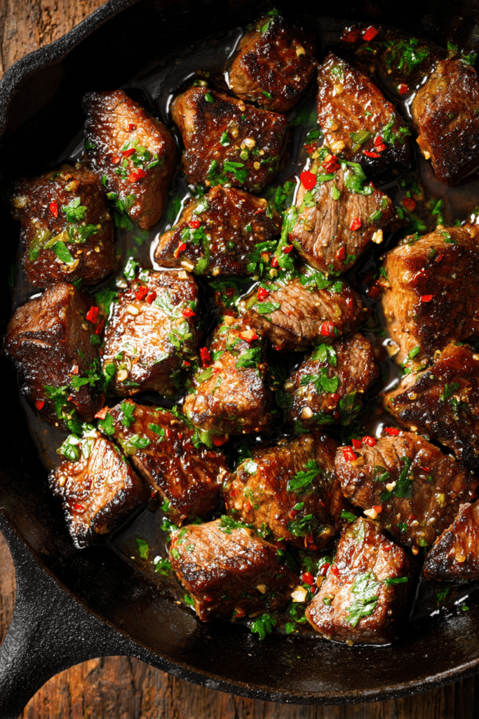 garlic butter steak bites sizzling in a cast iron skillet, topped with parsley and red pepper flakes, butter melting into juicy steak cubes.