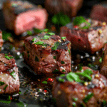 1 Irresistible Steak Bites with Garlic Butter That Melt in Your Mouth 7 Juicy steak bites with garlic butter sizzling in a cast iron skillet, topped with fresh parsley and red pepper flakes, showing golden brown sear and melted butter glaze.