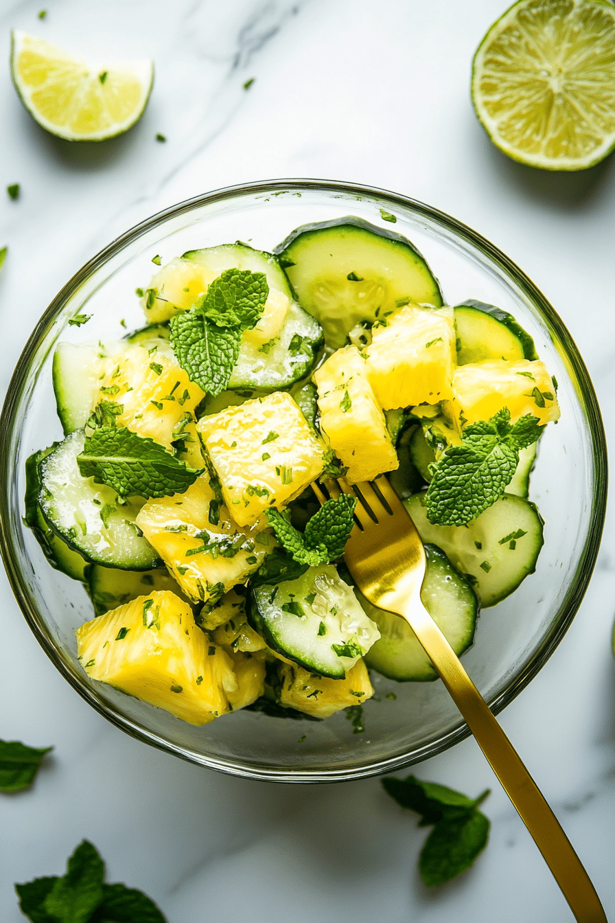 cucumber and pineapple salad with mint in a glass bowl on a marble counter