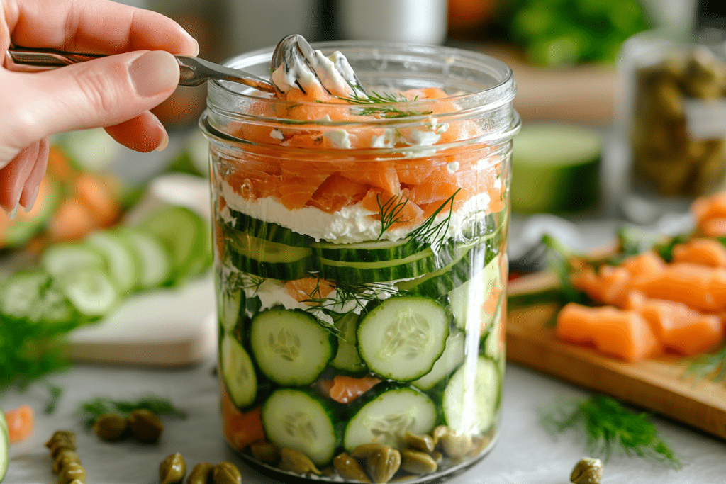 5-Minute Irresistible Smoked Salmon Cucumber Salad Jar (TikTok Viral Recipe You’ll Crave Daily) 2 karimizm STYLE Close up shot side angle EMOTION Fresh crave 28c96796 8f89 4d10 bb4d 3700b9fe7b38 2