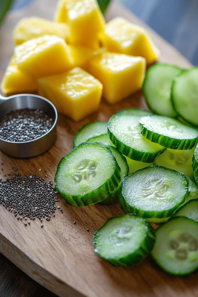 Cucumber and Pineapple Salad – 7 Powerful Benefits for Belly Fat 9 fresh cucumber slices, pineapple chunks, and grated ginger on a cutting board