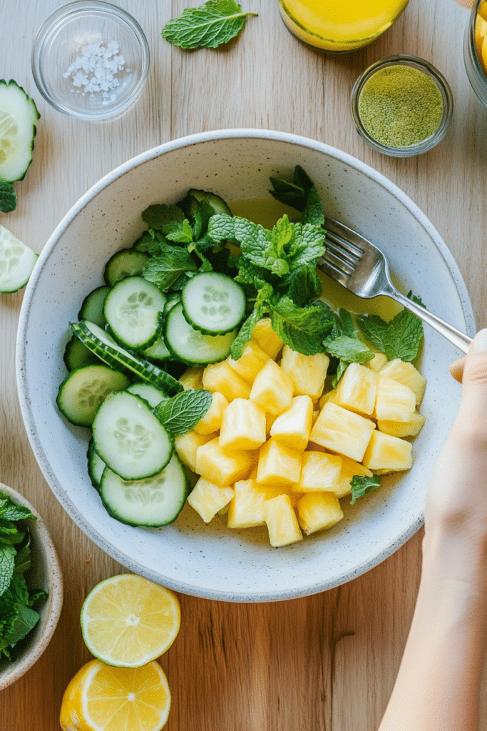 Cucumber and Pineapple Salad – 7 Powerful Benefits for Belly Fat 10 karimizm STYLE Overhead flat lay EMOTION Fresh minimal and or 33128b44 022f 4183 b2a8 217147b16b77 0