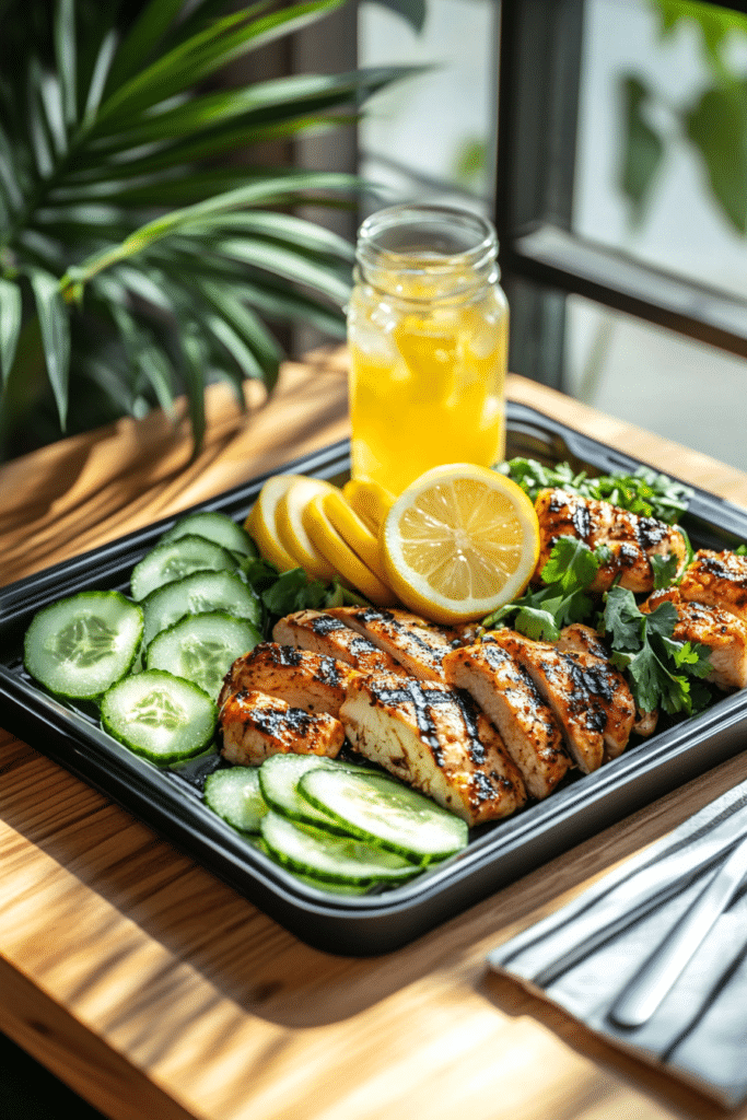 Cucumber and Pineapple Salad – 7 Powerful Benefits for Belly Fat 11 cucumber and pineapple salad with grilled chicken and detox drink on a tray