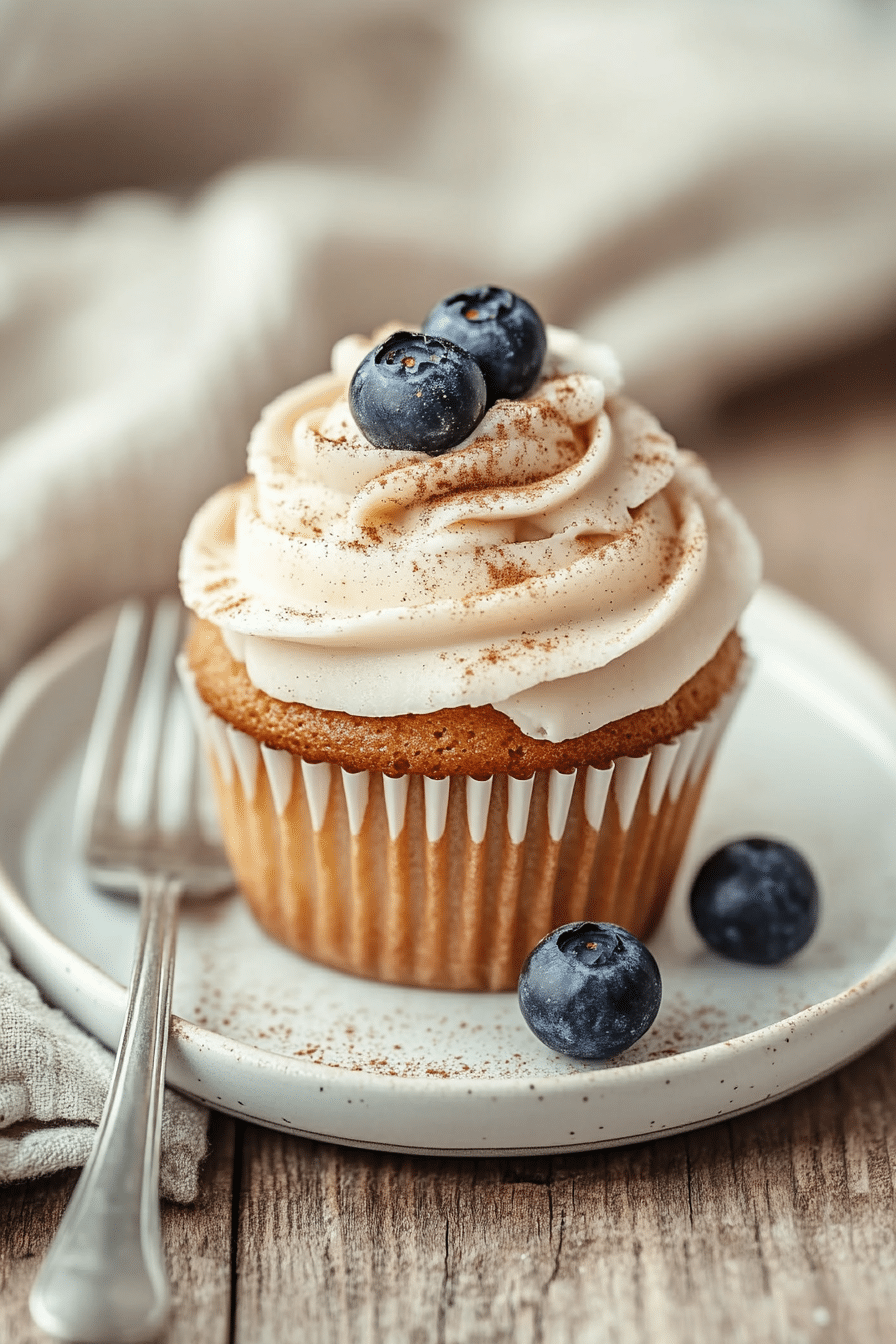 Keto vanilla cupcake with cream cheese frosting and a blueberry on a white ceramic plate
