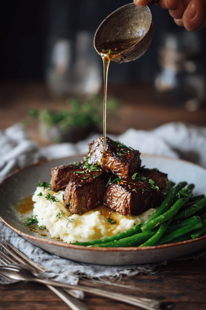 1 Irresistible Steak Bites with Garlic Butter That Melt in Your Mouth 9 Garlic butter steak bites served with mashed potatoes and green beans on a ceramic plate, parsley garnish, and a rich garlic butter drizzle.