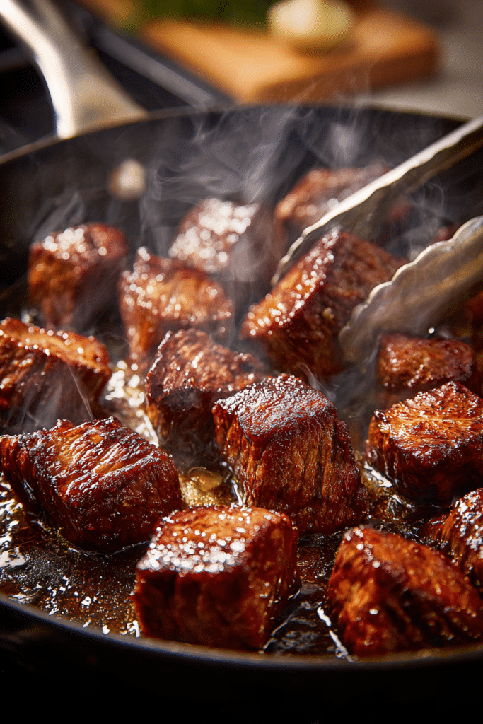 1 Irresistible Steak Bites with Garlic Butter That Melt in Your Mouth 8 steak bites being seared in a skillet with golden crust forming, tongs flipping beef cubes as butter and garlic are added in the background.