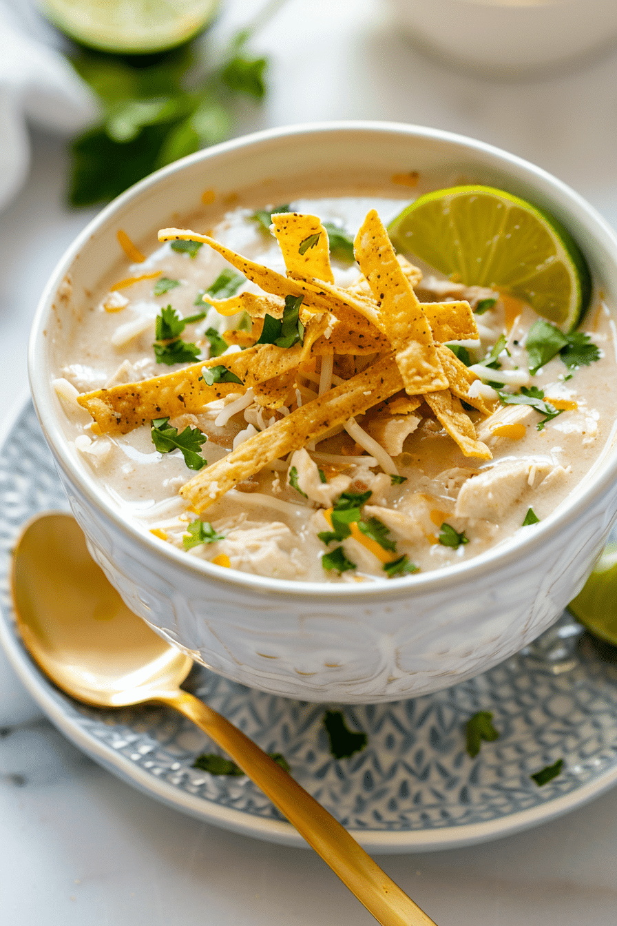 A bowl of creamy Crockpot White Chicken Chili topped with shredded cheese, crispy tortilla strips, fresh cilantro, and a lime wedge, served with a gold spoon on a patterned plate.
