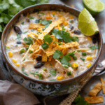Crockpot White Chicken Chili (Creamy, Hearty & Easy Dump Dinner!) 5 Crockpot White Chicken Chili served in a rustic bowl, featuring a creamy white broth with shredded chicken, corn, black beans, melted cheese, crispy tortilla strips, cilantro, and fresh lime wedges.