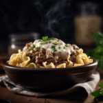 Ground Beef Stroganoff (Easy, Creamy & Ready in 30 Minutes!) 5 A bowl of creamy ground beef stroganoff topped with sour cream and parsley, served over egg noodles in a rustic dish.