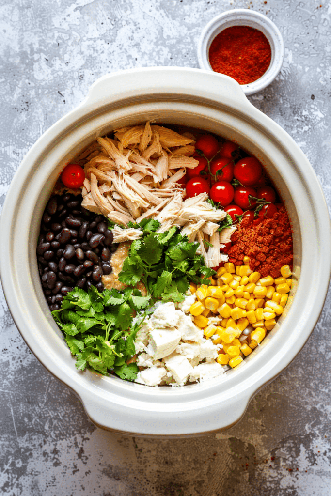 Crockpot White Chicken Chili (Creamy, Hearty & Easy Dump Dinner!) 6 Crockpot filled with ingredients for White Chicken Chili, including shredded chicken, cherry tomatoes, black beans, corn, fresh cilantro, crumbled cream cheese, and seasoning powder arranged in colorful sections.