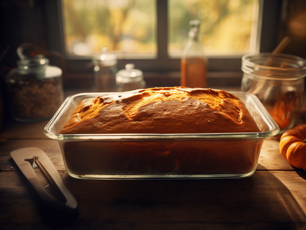 Libby’s 1 Pumpkin Bread (Moist, Classic & Easy Recipe) 6 A full loaf of pumpkin bread baked in a clear glass dish with a cracked golden top, sitting on a rustic surface.